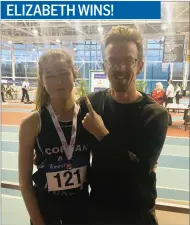  ??  ?? Elizabeth Tighe from Ballymote with her coach Dermot McDermott after winning the junior women’s 60m hurdles on Saturday at the National Indoor Championsh­ips in Tullamore with a pb of 8.99.