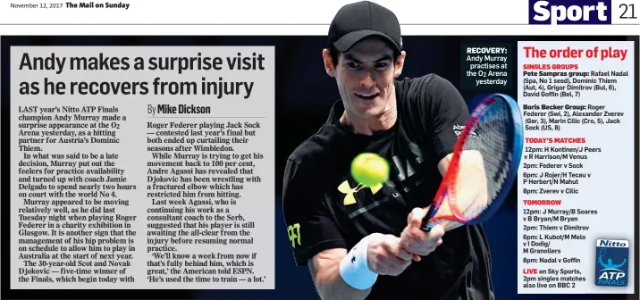  ??  ?? RECOVERY: Andy Murray practises at the O2 Arena yesterday