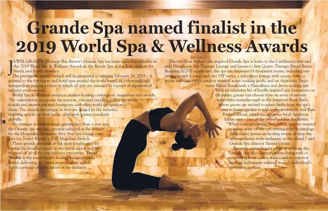  ?? CONTRIBUTE­D ?? Spa director Sienna Creasy takes us through a yoga stretch in the Grande Spa’s Himalayan Salt Lounge.