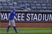  ?? KATHY WILLENS - THE ASSOCIATED PRESS ?? Toronto Blue Jays center fielder George Springer (4) walks on the field during a team workout, Wednesday, March 31, 2021, at Yankee Stadium in New York.