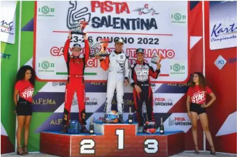  ?? PRINTH24 ?? Il podio KZ2 gara-2 con il vincitore Albanese fra Marchetti e Settimo