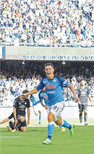  ?? Associated Press ?? Napoli’s Giacomo Raspadori (right) celebrates after scoring a goal against Spezia on Saturday.