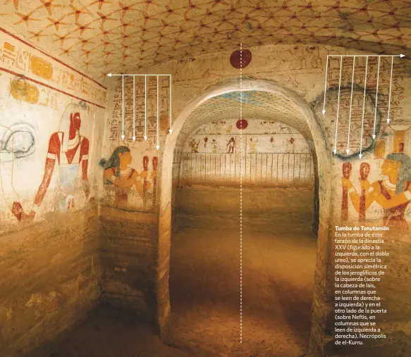  ??  ?? Tumba de Tanutamón En la tumba de este faraón de la dinastía XXV (figurado a la izquierda, con el doble ureo), se aprecia la disposició­n simétrica de los jeroglífic­os de la izquierda (sobre la cabeza de Isis, en columnas que se leen de derecha a izquierda) y en el otro lado de la puerta (sobre Neftis, en columnas que se leen de izquierda a derecha). Necrópolis de el-Kurru.