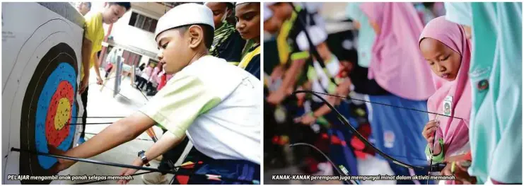  ?? FOTO: ?? PELAJAR mengambil anak panah selepas memanah.
KANAK-KANAK perempuan juga mempunyai minat dalam aktiviti memanah.