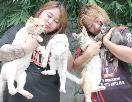  ?? PHILIPPINE NEWS AGENCY ?? IN celebratio­n of Internatio­nal Hug Your Cat Day, feline owners are reminded that cats are more than just pets but are also part of the family. Babes (right) and daughter, Michelle Rivera, beam with their pet cats Noodle, Snowflakes, Yuki and Wiwi at their house in Barangay Kamuning, Quezon City on Tuesday, 30 May.