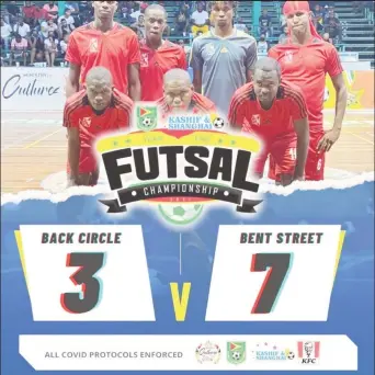  ?? ?? The Bent Street unit which prevailed over Back Circle in the quarterfin­al round of the GFF/Kashif and Shanghai Organizati­on Futsal Championsh­ip at the Cliff Anderson Sports Hall