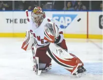  ?? BRAD PENNER/ USA TODAY SPORTS ?? Hurricanes goaltender Antti Raanta was pulled in Game 6 after allowing three goals to the Rangers on 13 shots. He'll be back between the pipes for Game 7 on Monday night.