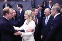  ?? — AFP ?? From left: Swedish Foreign Minister Tobias Billstrom; Netherland­s’ Foreign Minister Hanke Bruins Slot; Canada’s Foreign Minister Melanie Joly; Britain’s Foreign Secretary David Cameron and Turkish Foreign Minister Hakan Fidan arrive for a NATO foreign ministers meeting at NATO headquarte­rs in Brussels on Wednesday.