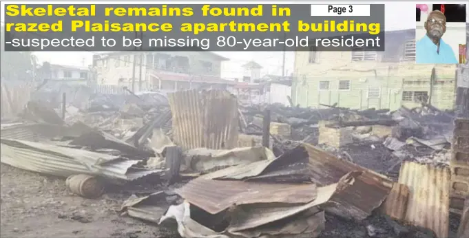  ??  ?? The ruins of the apartment building, where skeletal remains, suspected to be those of 80-year-old James Johnson (inset), were found yesterday.