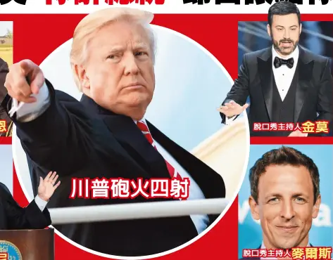  ?? 川普（中)周末砲火四射。左上為北韓領導人金正­恩、左下為伊朗總統羅哈尼，右上為金莫、右下為麥爾斯。 (Getty Images、美聯社) ??