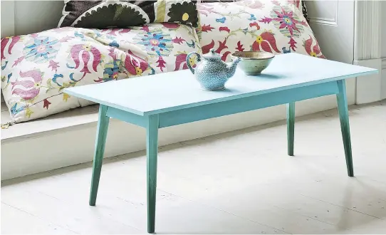  ??  ?? Ombre means “shaded” in French, and the gradual blending of colours seems to be a crossover idea from the fashion world. Create this ombre coffee table using Chalk Paint by Annie Sloan.