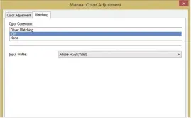  ??  ?? The ‘Matching’ panel is the place to lock print files assigned Adobe RGB (1998) colour space.