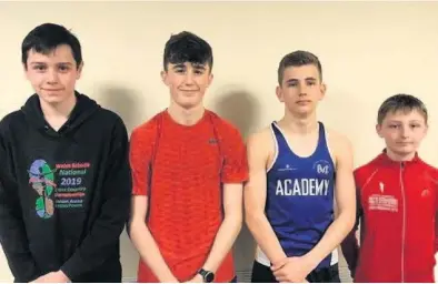  ??  ?? Zach Elvy (left), Dafydd Jones (second left) and Jack Thomas (right) are among those heading to London, while Frank Morgan (second right) produced one of Wales’s best individual results at the Schools Internatio­nal Athletic Board (SIAB) event last month.