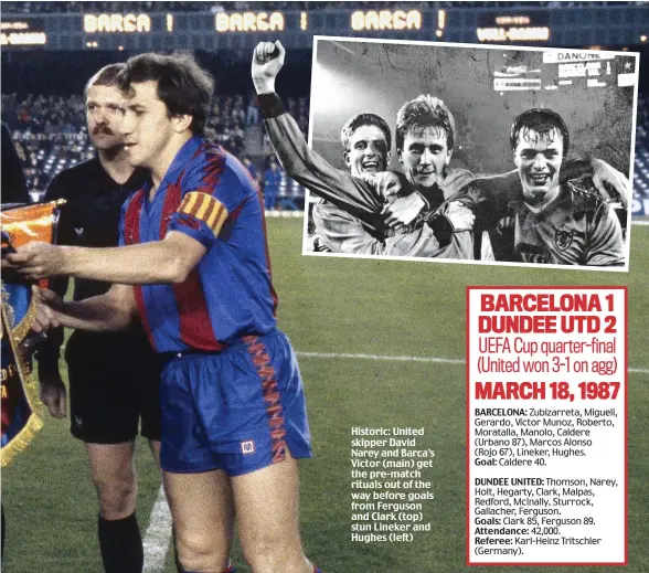  ??  ?? Historic: United skipper David Narey and Barca’s Victor (main) get the pre-match rituals out of the way before goals from Ferguson and Clark (top) stun Lineker and Hughes (left)