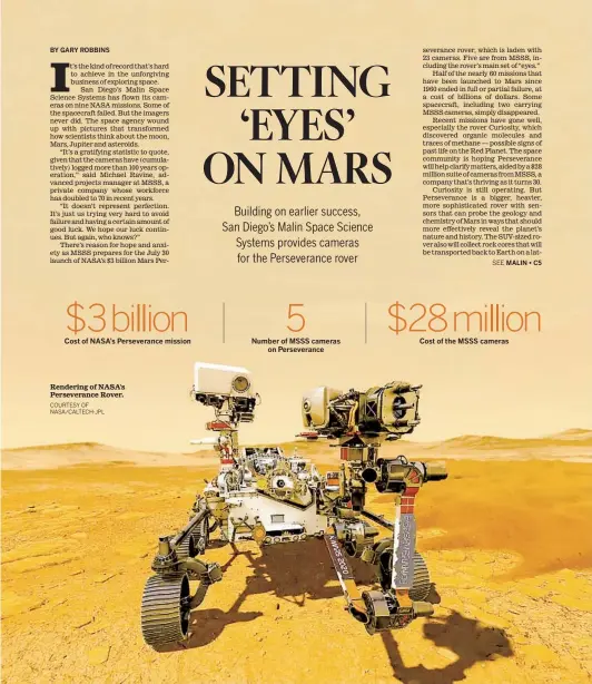  ?? COURTESY OF NASA/CALTECH-JPL ?? Rendering of NASA'S Perseveran­ce Rover.
