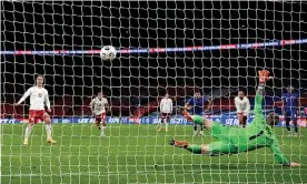  ??  ?? Christian Eriksen scores Denmark’s winner from the penalty spot soon after England’s Harry Maguire was sent off for two bookable offences. Photograph: Daniel Leal Olivas/PA