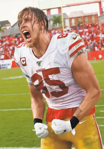  ?? Michael Zagaris / Getty Images 2019 ?? The 49ers’ George Kittle isn’t short on personalit­y, and that — combined with his athleticis­m — could land him in a WWE ring, perhaps to face former NFL tight end Rob Gronkowski.