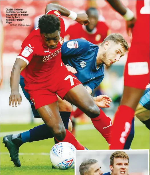  ?? PICTURE: PSI/Nigel Keene ?? CLASH: Swindon midfielder Jermaine McGlashan is brought down by Bury midfielder Danny Mayor