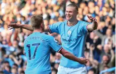  ?? Getty ?? Erling Haaland after scoring his second goal for Manchester City against Leicester City at the Etihad Stadium