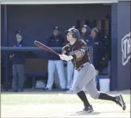  ?? PHOTO BY BECKY POLASKI ?? Tyler Kelder of St. Bonaventur­e University observes a hit against Mount Saint Mary’s University during a game on Feb. 22, 2020.