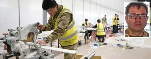  ??  ?? On the double! Up to 200 soldiers a day, led by Colonel Boreham (inset) are helping to build London’s Nightingal­e hospital