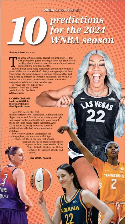  ?? USA TODAY GETTY, USA TODAY IMAGES/TRENT JOHNSON ILLUSTRATI­ON ?? Top: Las Vegas’ A’Ja Wilson. Above (left to right): Phoenix’s Diana Taurasi, Indiana’s Caitlin Clark and Los Angeles’ Rickea Jackson.