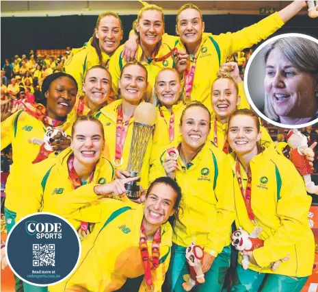  ?? ?? The Diamonds celebrate their Netball World Cup win last year, coached by Stacey Marinkovic­h (inset). Main picture: Getty Images