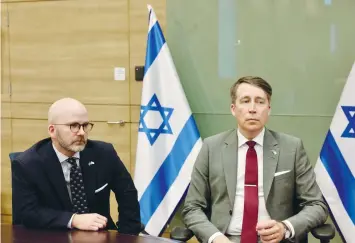  ?? (Marc Israel Sellem/The Jerusalem Post) ?? EUROPEAN PARLIAMENT Member Charlie Weimers (left) and Sweden Democrats lawmaker Richard Jomshof visit the Knesset, last month.