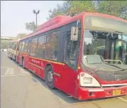  ?? HT PHOTO ?? Both buses were impounded and have been parked outside the Anand Vihar bus terminal police post.