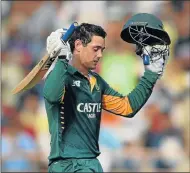  ?? Picture: AFP ?? FINE PERFORMANC­E: A fatigued Quinton de Kock celebrates his century in searing heat in Rajkot yesterday. SA beat India by 18 runs.