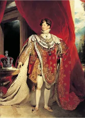  ??  ?? Bristol-born painter Sir Thomas Lawrence’s portrait of George IV in his coronation robes. This was just one of many extremely flattering pictures of George for which the artist was paid handsomely. By now, George was 59 years old, grotesquel­y obese and suffering from gout.