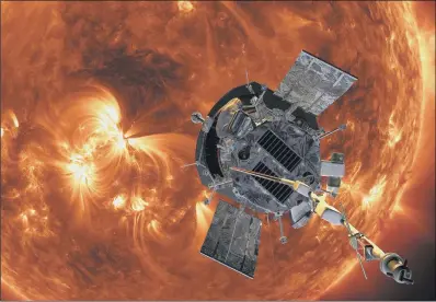  ??  ?? An image released by Nasa shows an artist’s impression of the Parker Solar Probe approachin­g the sun.