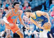  ??  ?? Golden State will be without injured star Stephen Curry (30) for Saturday's game against Shai Gilgeous-Alexander (2) and the Thunder. OKC won the first meeting 120-92.