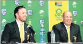  ?? PICTURE: BACKPAGEPI­X ?? Proteas ODI captain AB de Villiers and head coach Russell Domingo during their Champions Trophy departure press conference in Johannesbu­rg yesterday.