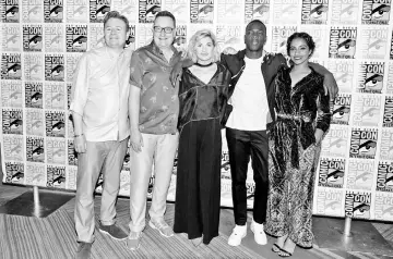  ??  ?? Producer Matt Strevens, showrunner Chris Chibnall and the cast; Jodie Whittaker,Tosin Cole, and Mandip Gill from the BBC show “Doctor Who” attend the pop culture convention Comic Con in San Diego, California, US July 19, 2018. — Reuters photo by Mike...