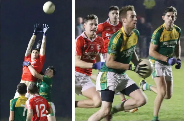  ??  ?? Graham Carty of St. Mary’s goes highest to deny Josh Martin. Colm Farrell racing through for HWH-Bunclody as Mark Doyle (St. Mary’s, Maudlintow­n) gives chase.