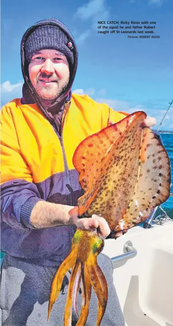  ?? Picture: ROBERT RIZZO ?? NICE CATCH: Ricky Rizzo with one of the squid he and father Robert caught off St Leonards last week.