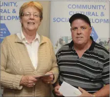  ??  ?? Margaret Byrne from Purple House with Jim O’Brien from Bray Travellers Community Group.