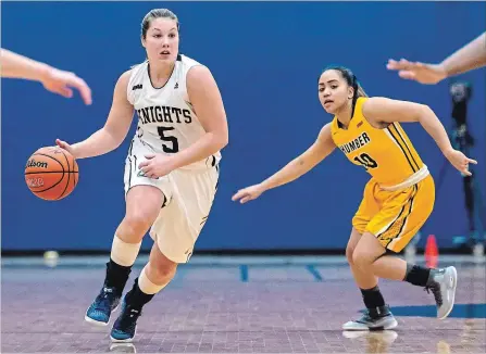  ?? RYAN MCCULLOUGH NIAGARA COLLEGE ?? Niagara's Bridget Atkinson (5), shown in action against Humber in this file photo, scored in double digits as the Knights defeated University of Toronto-Mississaug­a to snap a three-game losing streak.