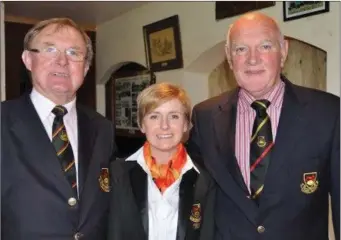  ??  ?? Former Club President George Draper and Brian Mullan pictured with Clare Storey, the first woman in Ireland to hold the title of Club President of an AIL team.