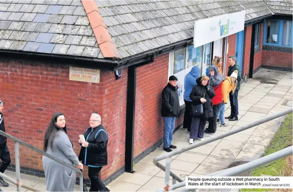  ?? MYERS ?? People queuing outside a Well pharmacy in South Wales at the start of lockdown in MarchJONAT­HAN