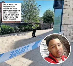  ?? ?? The area around Swadlincot­e’s Pipeworks retail park was closed off after the incident in which Benjamin Orton, inset, was fatally stabbed