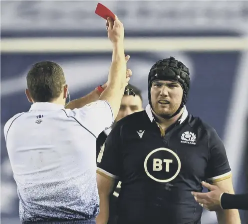  ??  ?? 0 Zander Fagerson was sent off for charging into a ruck and making contact with the head of Wyn Jones. Below inset: Ryan Wilson