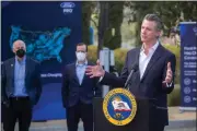  ?? ?? California Gov. Gavin Newsom holds a press conference at Ford Greenfield Labs in Palo Alto on Jan. 26, highlighti­ng his proposed budget.