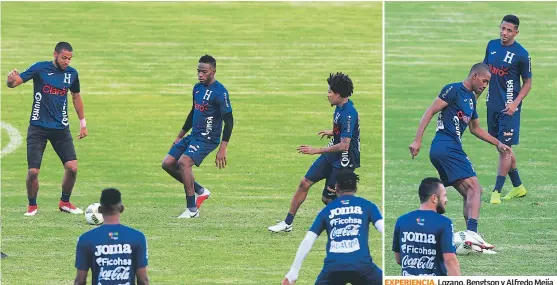  ??  ?? ZAGA. Maynor y Henry Figueroa fueron parte de los rondos ayer en el Nacional. EXPERIENCI­A. Lozano, Bengtson y Alfredo Mejía se ejercitan durante el entrenamie­nto.