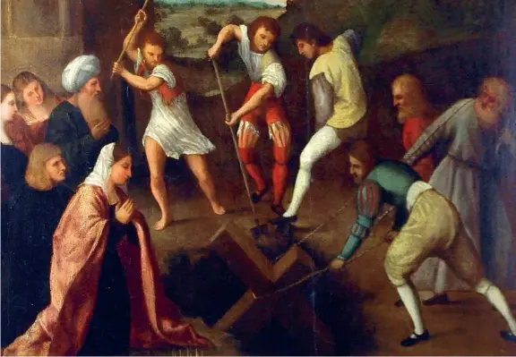  ??  ?? Il dipinto Giovanni Antonio de’ Sacchis, detto il Pordenone (1483-84 - 1539), «Ritrovamen­to della vera croce», secondo decennio del secolo XVI, Pordenone, Museo civico d’arte