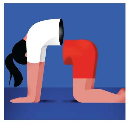  ??  ?? ‘Kneeling on all fours with my tail in the air, I felt helpless and vaguely humiliated’: Pilates can be tricky for beginners. Illustrati­on: Nathalie Lees/The Observer