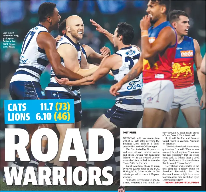  ?? Picture: GETTY IMAGES ?? Gary Ablett celebrates a big goal against Brisbane last night.