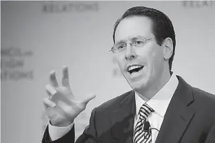  ?? AP Photo/Mark Lennihan, File ?? n Randall Stephenson, CEO of AT&T, speaks March 30, 2011, at the Council on Foreign Relations in New York. The CEOs of AT&T and Time Warner are in Capitol Hill in a bid to convince senators that a merger of their two companies will mean innovative new...