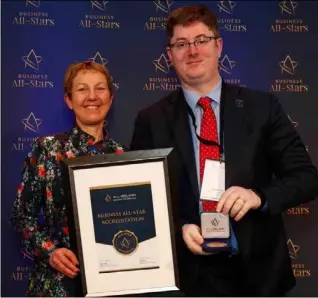  ??  ?? Darragh O’Brien of Wexford data privacy consultant­s, Castlebrid­ge receiving an All-Ireland Business Foundation Thought Leader award in Informatio­n, Data Privacy and Governance from Dr Briga Hynes of University of Limerick.